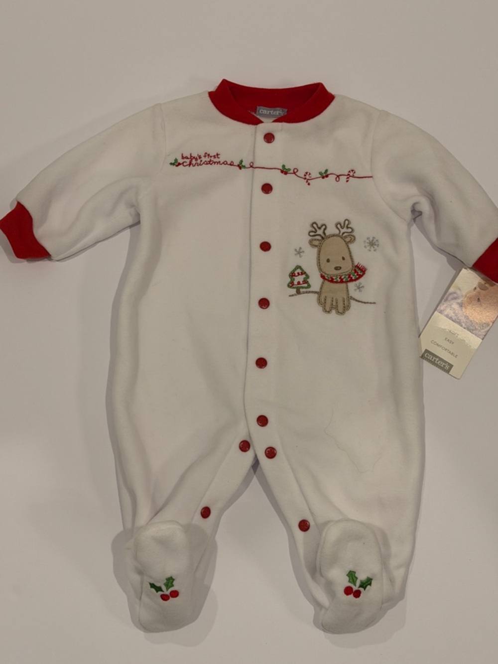 Carter's White & Red Reindeer Holiday Baby’s First Christmas Footed One-Piece 3M